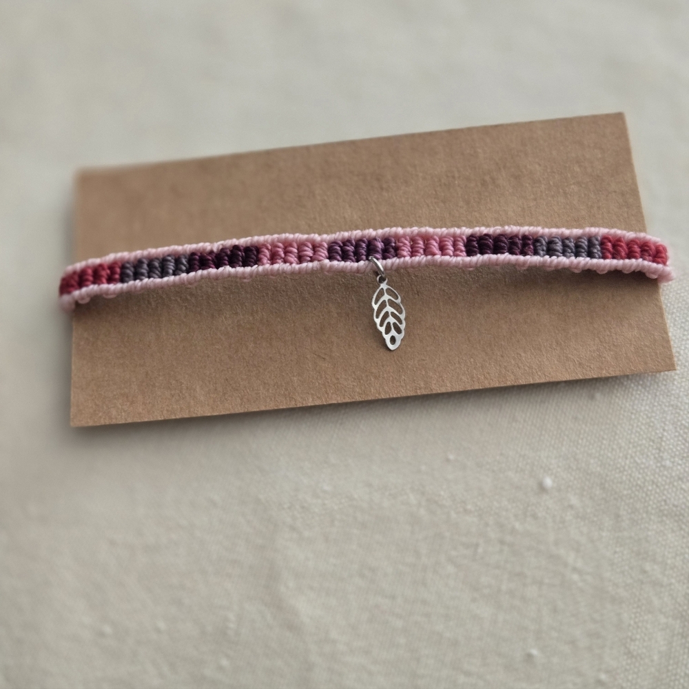 004 New Handmade Pink and Purple Woven Bracelet with Silver Leaf Charm